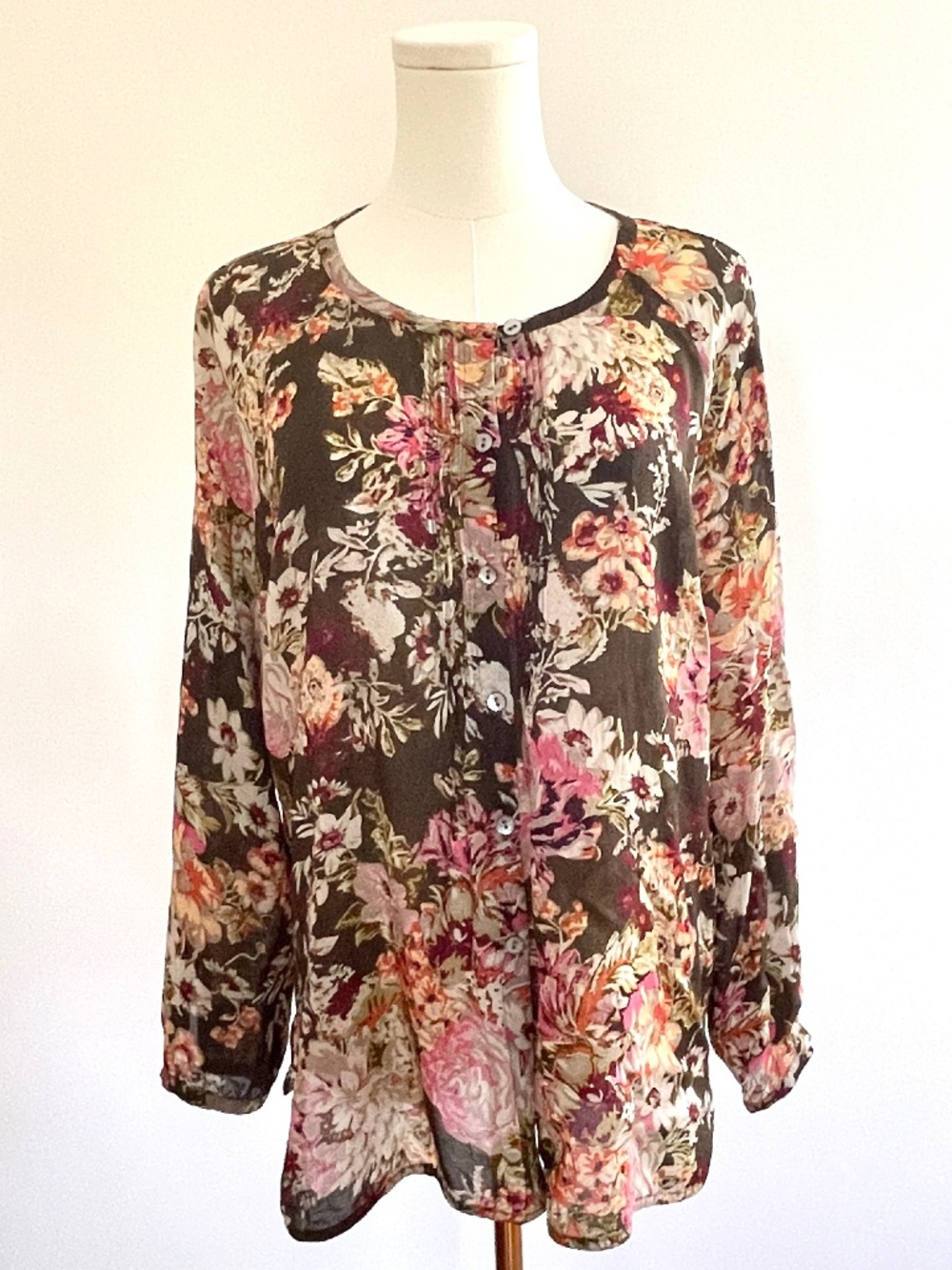 J Jill Dark Romantic Boho Sheer Floral Blouse MP Cottagecore Poet Viscose Top